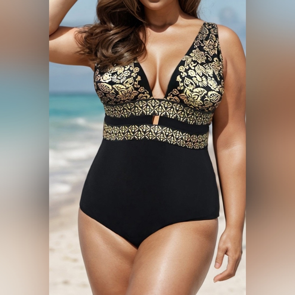 Elegant Black and Gold Women's One-Piece Swimsuit